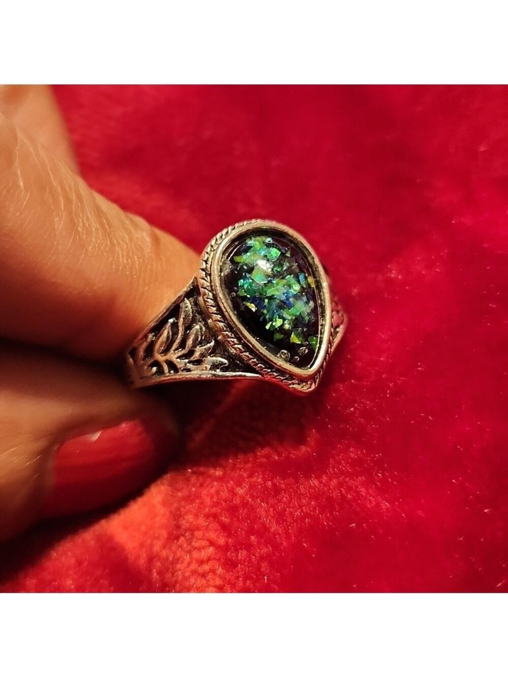 Multi Fire Dichroic Glass Oval Gemstone Handmade‎ Oxidized Ring